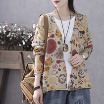 Han Suoyi retro autumn cardigan sweater coat womens long sleeve loose lazy wind printed cotton wool sweater