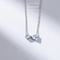 Blue Bestser (Butterfly language)18K gold Aquamarine necklace Female white gold Bow Pendant Clavicle chain couple