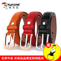 Woodpecker pin buckle belt ladies fashion leather belt simple Joker Korean trend cowhide belt