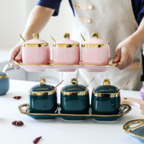 Nordic Light Lavish Ceramic Seasoning Jar Suit Kitchen Seasoned Bottle Salt MSG Intake Storage Tank With Lid With Spoon