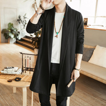 Autumn Chinese style mens casual cardigan retro cloak Mid-length ethnic style youth Taoist robe slim jacket