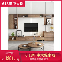 Modern minimalist TV cabinet living room telescopic background wall cabinet set combination coffee table wall cabinet Nordic walnut color floor cabinet