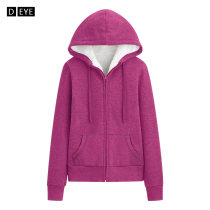 Plus velvet jacket Womens spring and autumn sports and leisure hooded top Large size loose hooded zipper cardigan solid color sweater