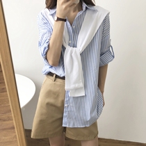 Japanese navy wind retro neutral bf wind blue striped long-sleeved shirt female boyfriend loose shirt thin jacket spring