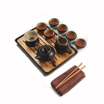 Porcelain tea set Household set of black pottery teapots Simple living room ceramic retro side Kung fu dry tea tray