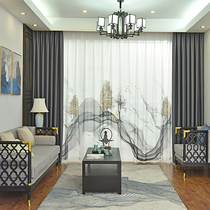 Customized new Chinese style window screen ink landscape national flower lotus project curtain living room bedroom study bay window