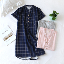 Day Ensemble Plaid Pure Cotton Cotton Cloth Sleeping Skirt Woman Summer Short Sleeve No kneecap Knee Home Conserved Thin all cotton double decker pyjamas