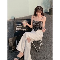 2021 Summer clothing High waist Broken Hole Broadlegged Pants Jeans Woman Korean version loose white straight drum towering trousers