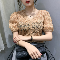 2020 Korean summer new net red bubble sleeve V collar jacket mesh lace small shirt loose thin short sleeve t-shirt women