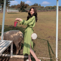 Avocado green dress 2021 Spring and Autumn new smart smoked French Platycodon grandiflorum skirt temperament fairy Super fairy skirt