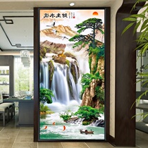 Line embroidery welcome pine porch flowing water raw wealth vertical version New 2019 Zhaocai feng shui Chinese style landscape painting cross stitch
