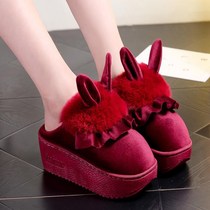 Autumn and winter velvet warm cotton slippers high-heeled thick bottom Korean version can live in plush womens cotton shoes increased