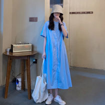 French dress women's spring and summer 2021 new fashion Korean version of loose slim blue long shirt long skirt