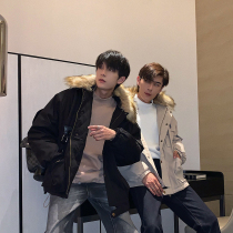 Hualun winter warm fur collar coat short cotton coat men and women tide Korean students 2019 new cotton suit hooded