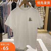 TW small bear short sleeve T-shirt woman 2022 spring new round collar loose 100 lap pure color casual TTRW221101T