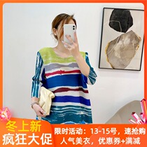 Three House pleated print T-shirt 2021 summer dress new striped round neck seven-point sleeve jacket foreign style loose base shirt