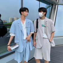 Hualun blue suit set men summer casual ins leprosy thin style stylish Korean version of the student short-sleeved suit