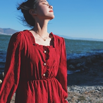 Herbenwind red dress with dress children 2021 Spring new style retro temperament Goddess Fan seaside holiday