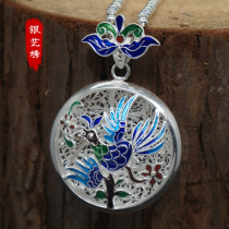 999 pure silver foot silver to create Jingtai Blue Peacock Pinewood Pinewood Pendant Round Pearl Sweater Chain Phoenix Silver Decorated Necklace