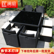 Outdoor open-air table and chair combination simple courtyard waterproof sun protection homestay terrace leisure rattan rattan chair with umbrella combination