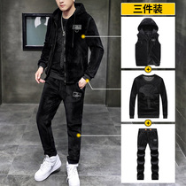 Sweater suit Mens autumn winter gold velvet three sets of cashmere thickened Even hat mens jacket Leisure sports suit