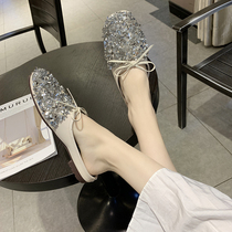 Chao brand 2021 summer new net red half slippers womens Baotou Joker rhinestone without heel slippers wear flat bottom cool