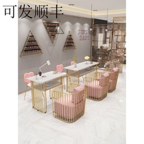 High - end in Nordic nail table and chair set combination Net red nail shop work table iron - art double marble beauty