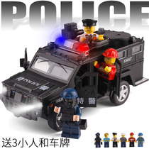 Boxed 1:32 police car riot car 6-wheel extended Hummer voice sound and light return alloy car model childrens toy car