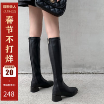 Knee-length boots womens small mid-tube boots thick-heeled long-tube knight boots womens spring and autumn single boots look thin tall boots