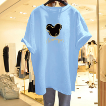 Long T-shirt women short sleeve 2021 summer new light blue loose design sense cotton half sleeve top ins tide