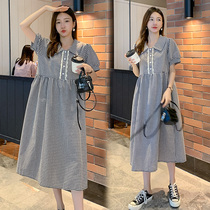 Pregnancy Woman Dress Stylish Fashion Korean Version Dolls Collar Short Sleeve Plaid dress Dress Loose Big Code Dresses Summer Pregnant Women Dress