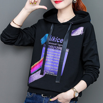 Hooded pullover sweatshirt women loose Korean version 2021 spring thin new black wild jacket printed top