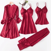 Nightgown female summer ice silk sexy red wedding pajamas spring and autumn wedding nightgown wedding bridesmaid sling