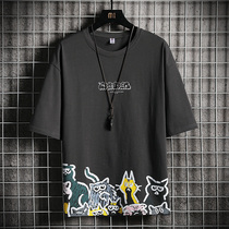 Mens short sleeve T-shirt loose cotton print half sleeve Tide brand ins trend simple body shirt base shirt men