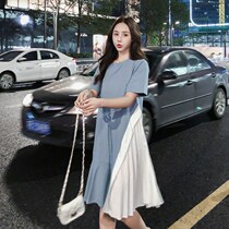 Pregnant women summer dress trendy mother pleated short-sleeved round neck long dress new thin cotton loose slim belly cover skirt