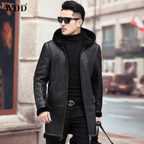 Mens leather leather coat Haining fur one-piece medium and long lamb hair hooded leather jacket Korean winter jacket