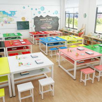 Primary School students double color painting table art desks and chairs training table tutoring class double calligraphy desk long table