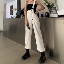 White High Waist Irregular Jeans Female Straight Drum Loose New Han Prints Personality Design Feel Back Strap Pants