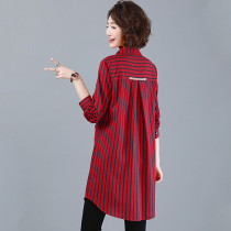 women's striped shirt mid-length loose korean style spring 2022 new vintage long sleeve top pure cotton shirt coat