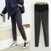 Pregnant woman denim Harlem pants Spring and Autumn plus velvet 2020 New Tide mom Autumn loose straight casual radish pants