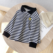 Childrens striped plus velvet long sleeve T-shirt tidal tide boy lapel Po shirt thick top 2021 Winter childrens clothing