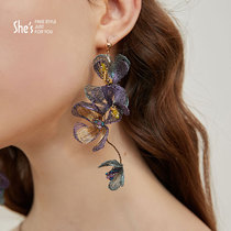 Shes Van Gogh iris original design woven contrast flower earrings temperament high sense long stud earrings earrings