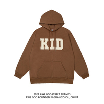 AWE GOD American retro letter embroidery hooded sweater men and women ins national tide loose zipper cardigan jacket