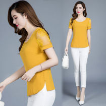 2021 summer new temperament short-sleeved stitching lace chiffon shirt top womens short thin simple T-shirt small shirt