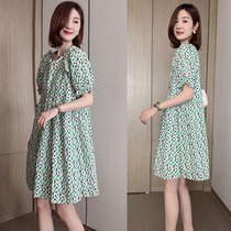 Europe station 2022 new European goods Gut Belly slim green Broken Flowers Skirt Summer Bubble sleeves Big code Lions dress women