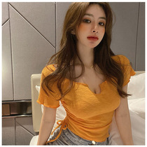 Drawstring top womens short sleeve sexy low-cut base shirt 2020 new short slim ins Super fire Net red T-shirt tide