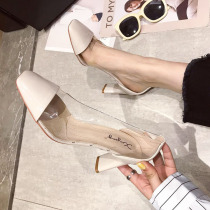 Europe station 2021 Spring and autumn new Korean version retro square head shallow mouth heels heels 100 lap BAO WEN Single shoes