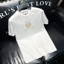 Silk sliding body sensation ~ Summer thin section ice silk light cotton t-shirt male body round collar white Compassionate Bronzing and Damp Rhinestone Short Sleeve Men