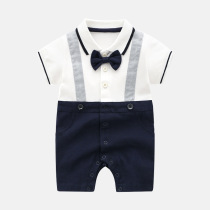 ins explosion male baby jumpsuit 0-3-6 newborn lapel false two short-sleeved climbing suit 12