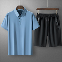 Middle Aged Sports Suit Mens Summer Ice Silk Speed Dry Turnover Slim Fit Short Sleeves Shorts T-Shirt Male Dad Summer Clothing
